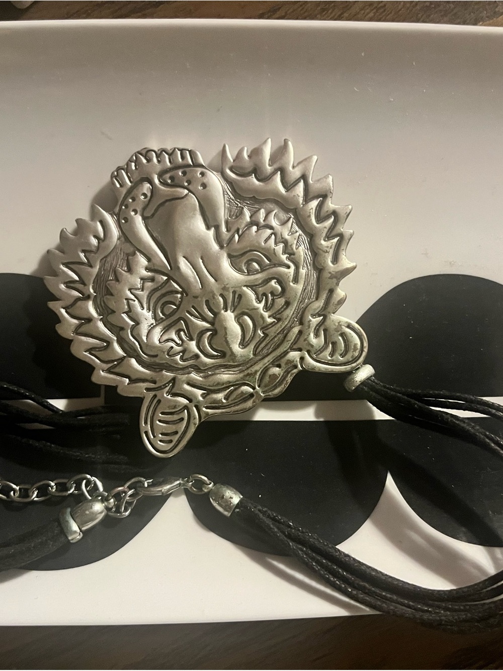 Silver-tone Lion Medallion Statement Necklace - Black Cord
